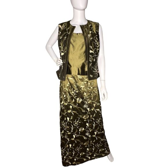 Carlisle Sz 8 Skirt 10 Top 3 Piece Silk Maxi Skirt Set Olive Green Embroidered - Picture 1 of 13